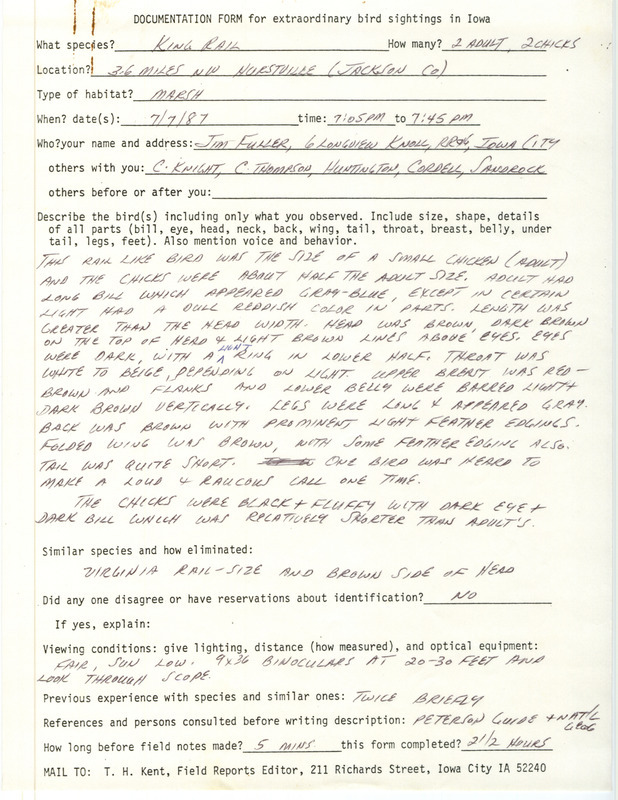 Rare bird documentation form for four King Rails at Hurstville in Jackson County, IA on July 7, 1987.