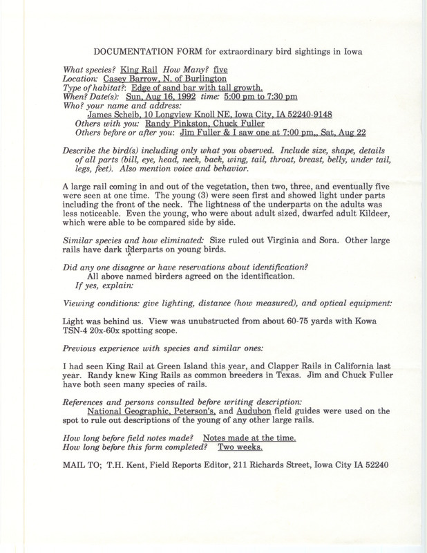 Rare bird documentation form for five King Rails at Casey Barrow in Des Moines County, IA on August 16, 1992.