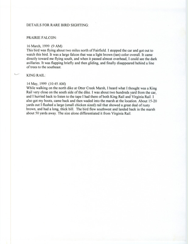 Field notes from Jim Fuller describing the sighting of a Prairie Falcon north of Fairfield, IA, and a King Rail at Otter Creek March.