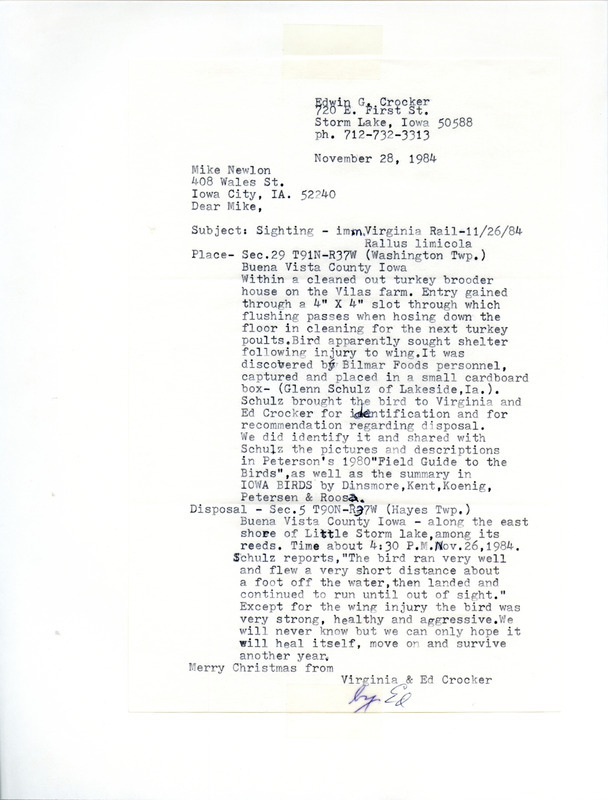 Letter from Ed Crocker to Mike Newlon, dated November 28, 1984, detailing the sighting of an immature Virginia Rail in Washington Township, Buena Vista County, IA, on November 26, 1984.