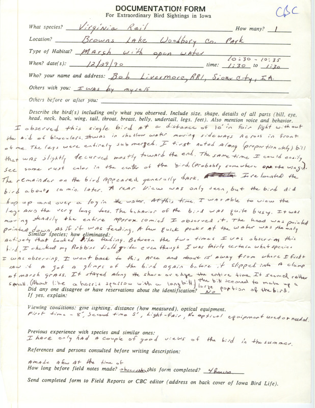 Rare bird documentation form for a Virginia Rail at Browns Lake in Woodbury County, IA on December 29, 1990.