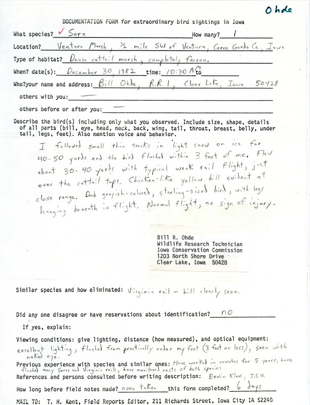 Rare bird documentation form for a Sora at Ventura March in Cerro Gordo County, IA on December 30, 1982.