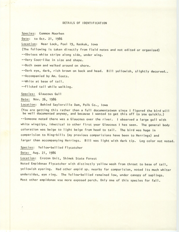 Field notes written by Robert Cecil detailing the sighting of a Common Moorhen near Keokuk, a Glaucous Gull at Saylorville Dam, and a Yellow-bellied Flycatcher at Shimek State Forest.