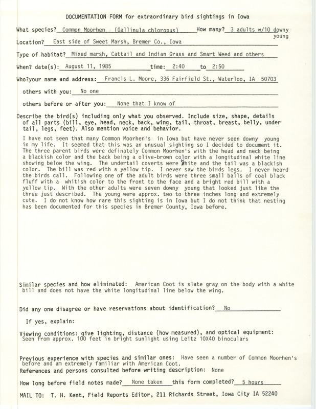 Rare bird documentation form for thirteen Common Moorhens at Sweet March in Bremer County, IA on August 11, 1985.