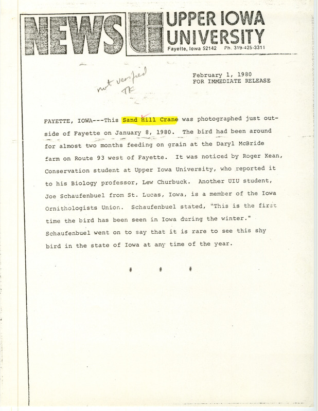 Press release on February 1, 1980 for rare bird sighting for a Sandhill Crane near Fayette in Fayette County, IA on January 8, 1980.