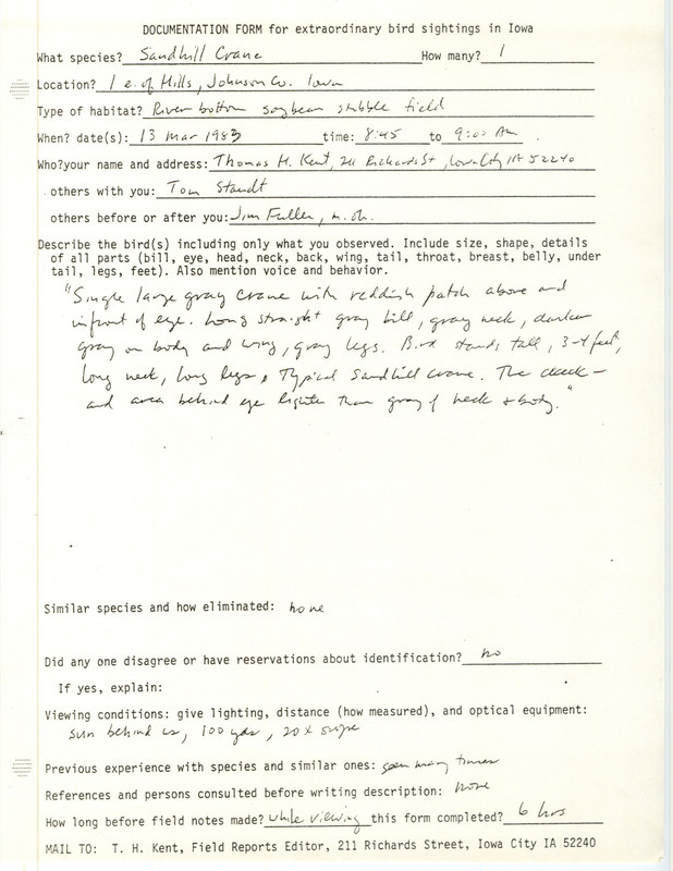 Rare bird documentation form for a Sandhill Crane east of Hills in Johnson County, IA on March 13, 1983.