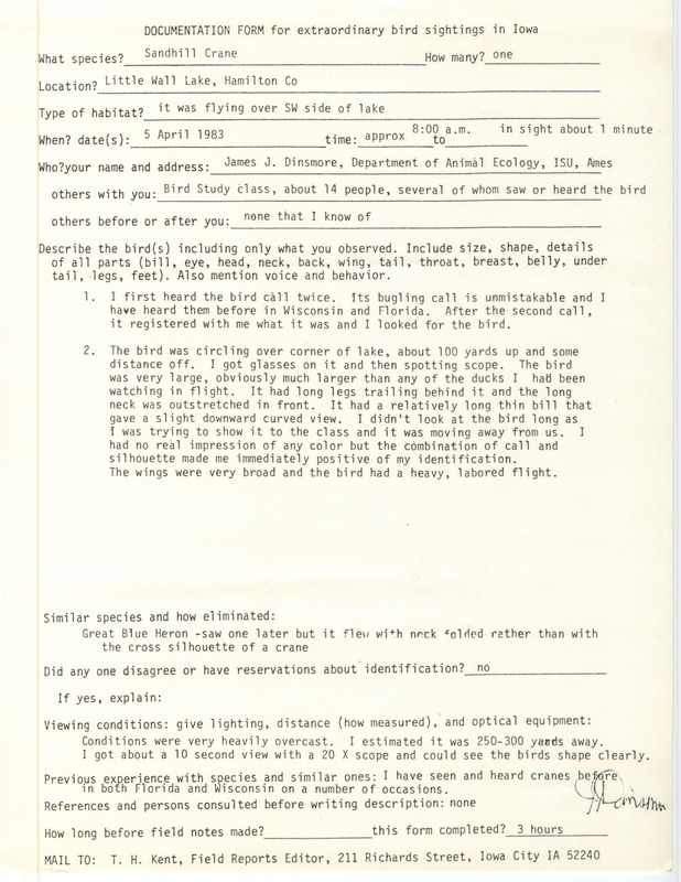 Rare bird documentation form for a Sandhill Crane at Little Wall Lake in Hamilton County, IA on April 5, 1983.