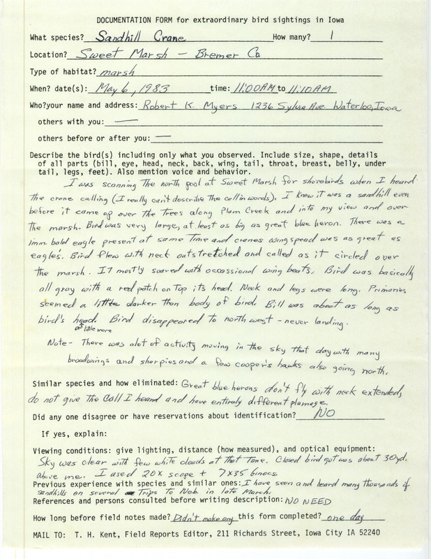 Rare bird documentation form for a Sandhill Crane at Sweet March in Bremer County, IA on May 6, 1983.