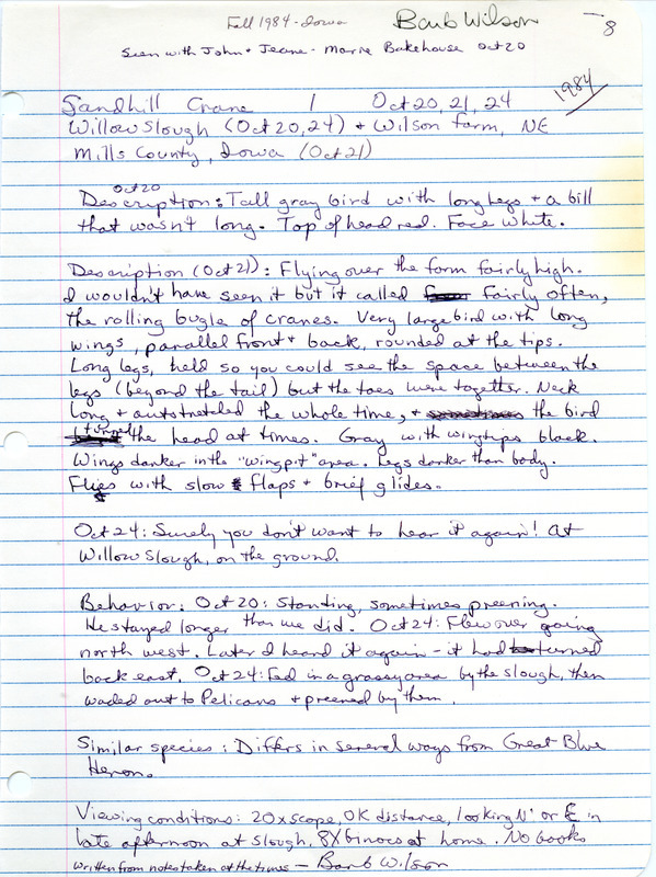 Rare bird documentation form for a Sandhill Crane at Willow Slough and Barb Wilson's farm in Mills County, IA, on October 20, 21 and 24, 1984.