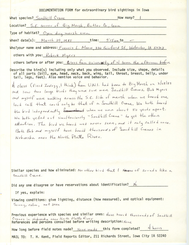 Rare bird documentation form for a Sandhill Crane at Big March in Butler County, IA on March 29, 1985.