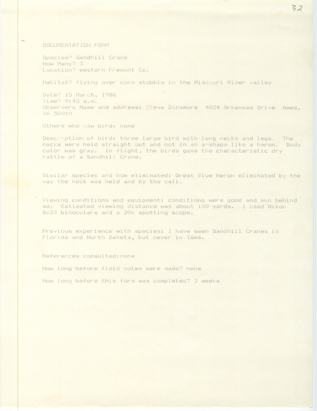 Rare bird documentation form for three Sandhill Cranes in western Fremont County, IA on March 15, 1986.