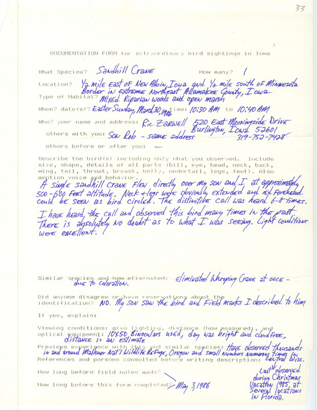 Rare bird documentation form for a Sandhill Crane east of New Albin in Allamakee County, IA on March 30, 1986.