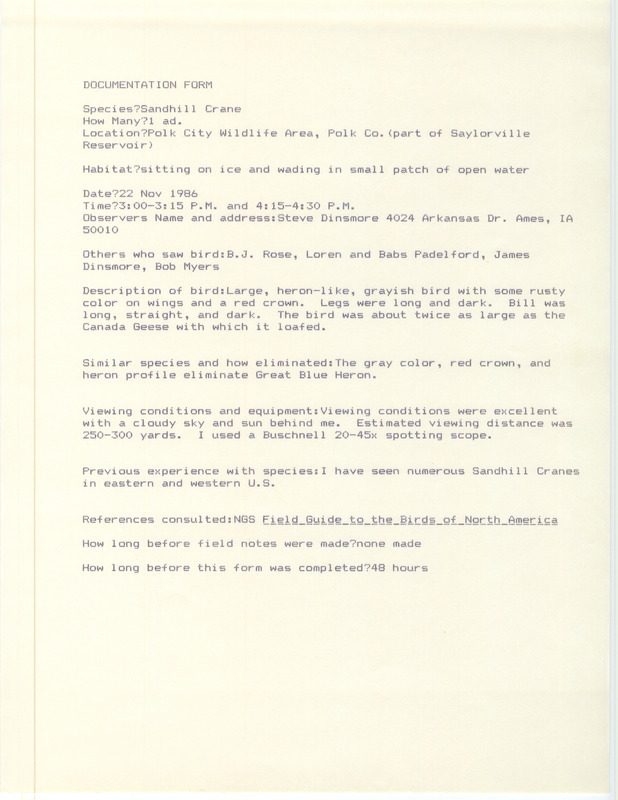 Rare bird documentation form for a Sandhill Crane at Polk City Wildlife Area in Polk County, IA on November 22, 1986.