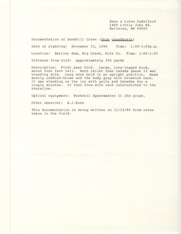 Rare bird documentation form for a Sandhill Crane at Big Creek Barrier Dam in Polk County, IA on November 22, 1986.