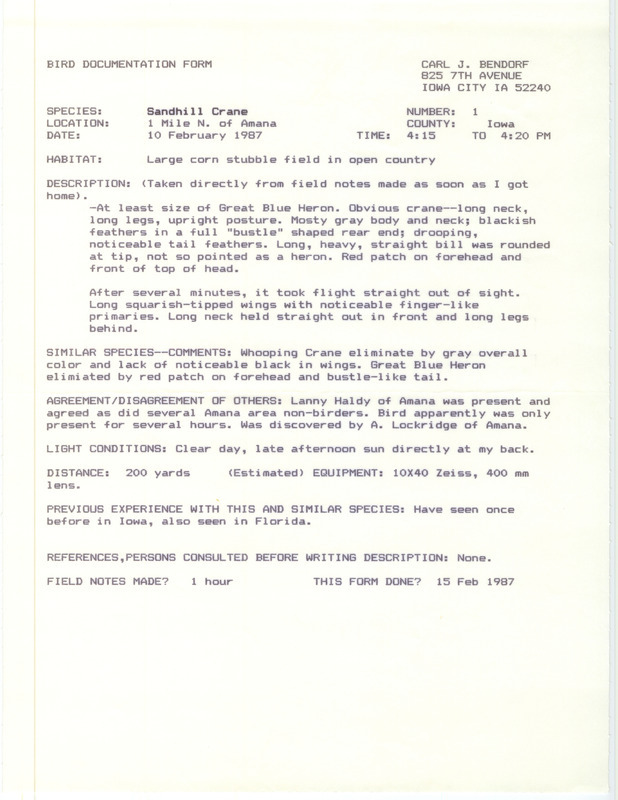 Rare bird documentation form for a Sandhill Crane north of Amana in Iowa County, IA on February 10, 1987.