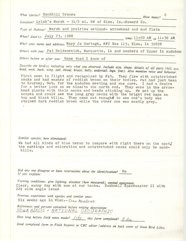 Rare bird documentation form for two Sandhill Cranes at Lylah's March in Howard County, IA on July 23, 1988.