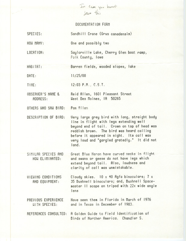 Rare bird documentation form for one or two Sandhill Cranes at Cherry Glen Saylorville Lake in Polk County, IA on November 25, 1988.