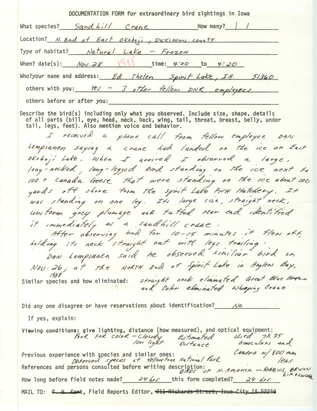 Rare bird documentation form for a Sandhill Crane at East Okoboji in Dickinson County, IA on November 28, 1988.