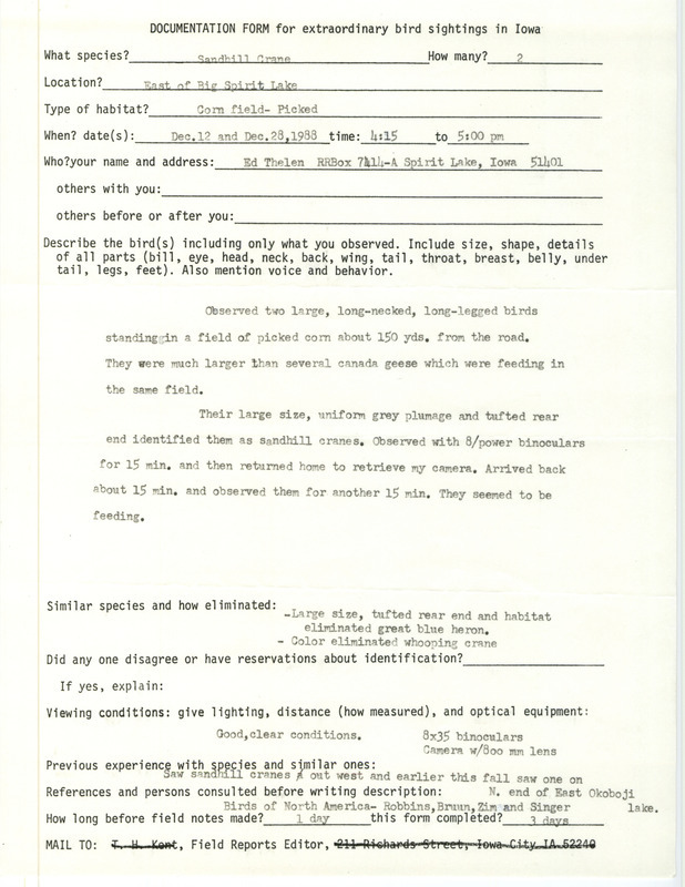 Rare bird documentation form for two Sandhill Cranes east of Big Spirit Lake in Dickinson County, IA on December 12 and December 28, 1988.