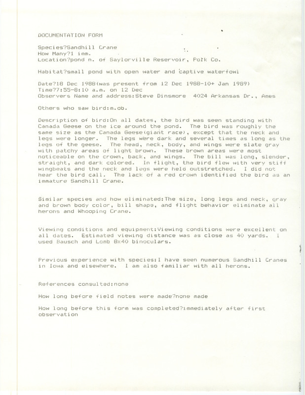 Rare bird documentation form for a Sandhill Crane north of Saylorville Reservoir in Polk County, IA on December 12, 1988. The bird was present from December 12, 1988 to January 10, 1989.