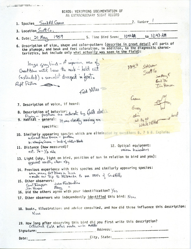 Rare bird documentation form for a Sandhill Crane at Scott County, IA on May 21, 1989.