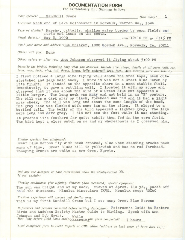 Rare bird documentation form for a Sandhill Crane at west end of Lake Colechester in Warren County, IA on May 8, 1990.