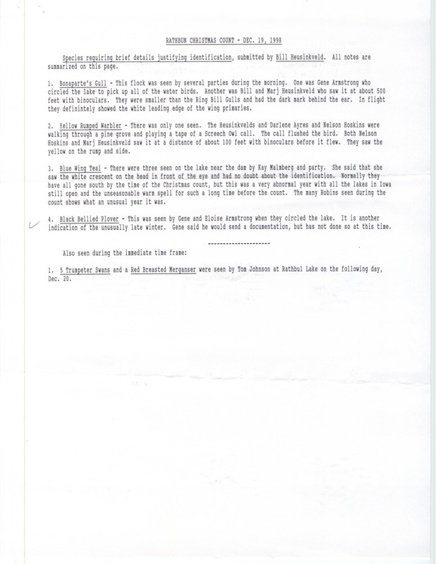 Details for several rare species seen at the Christmas Bird County including Black-bellied Plover at Rathbun Lake in Appanoose County, IA on December 19, 1998, documented by Bill Heusinkveld.