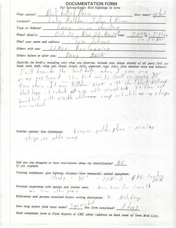 Rare bird documentation form for up to three Black-bellied Plovers at Lake Rathbun in Appanoose County, IA on October 20, November 22, and November 24 in unknown year.