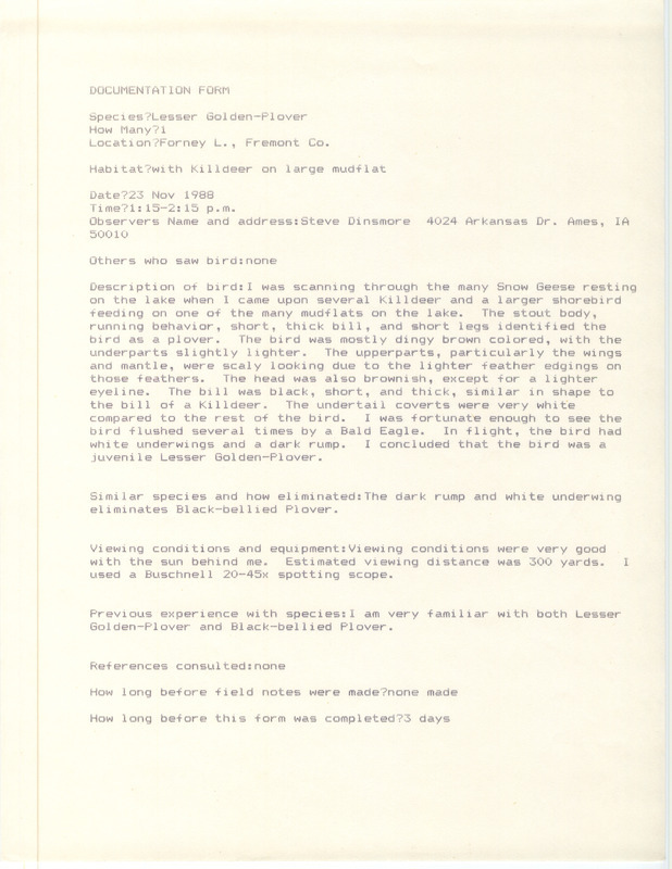 Rare bird documentation form for a Lesser Golden-Plover at Forney Lake in Fremont County, IA on November 23, 1988.