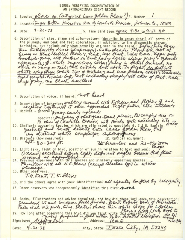 Rare bird documentation form for a American Golden-Plover at Sugar Bottom Recreation Area at Coralville Reservoir in Johnson County, IA on September 20, 1978.