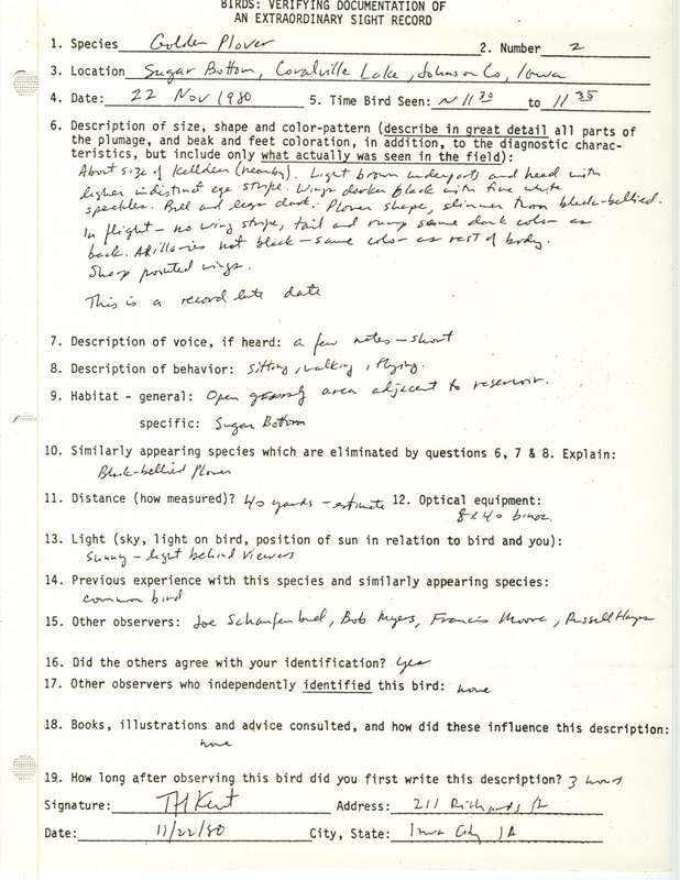 Rare bird documentation form for two American Golden-Plover at Sugar Bottom in Coralville Reservoir in Johnson County, IA on November 22, 1980.