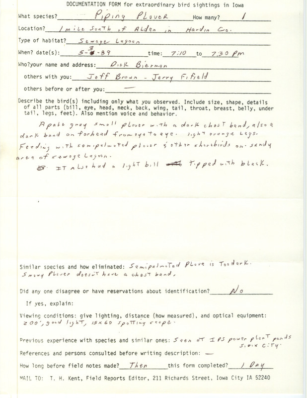 Rare bird documentation form for a Piping Plover south of Alden in Hardin County, IA on May 3, 1989.