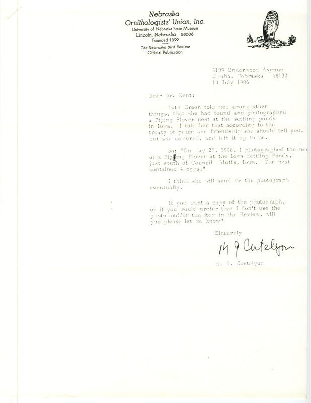 Rushton G. Cortelyou letter to Thomas Kent, July 10, 1986, regarding a Piping Plover nest at the MidAmerican Energy Settling Ponds near Council Bluffs, IA on May 28, 1986. There is a response from Kent about Piping Plover sightings as well as how Nebraska ornithologists should report Iowa bird sightings dated July 12, 1986.