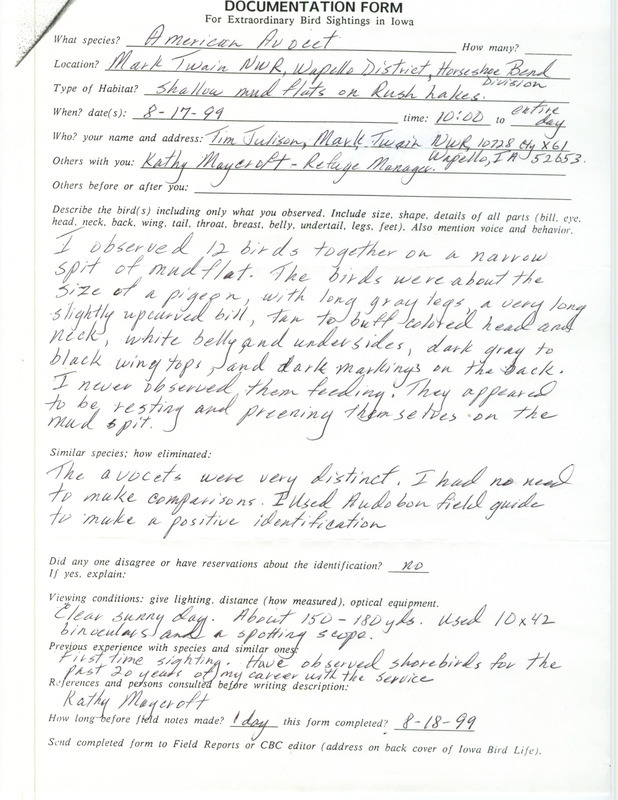 Rare bird documentation form for twelve American Avocets at Mark Twain National Wildlife Refuge in Louisa County, IA on August 17, 1999.