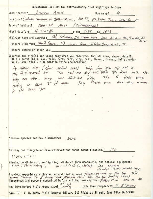 Rare bird documentation form for four American Avocets at Goodwater Impoundment at Rathbun Reserve in Lucas County, IA on April 22, 1986.