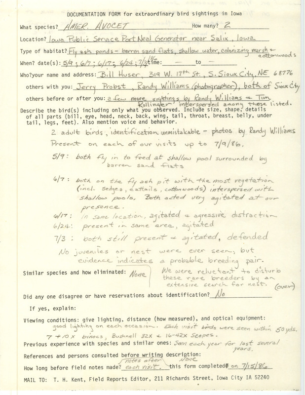 Rare bird documentation form for two American Avocets near New Lake in Woodbury County, IA on May 9, June 7, June 17, June 24, July 3, and one seen there on July 17, 1986.