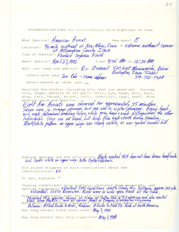 Rare bird documentation form for eight American Avocets southeast of New Albin in Allamakee County, IA on April 27, 1986.