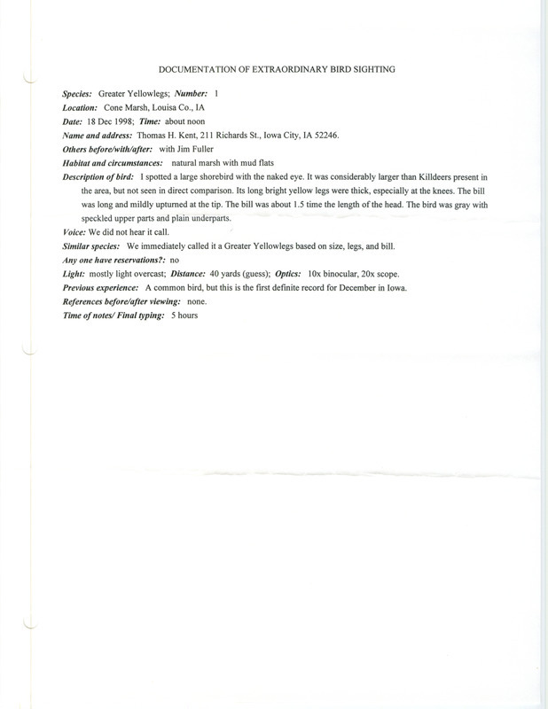 Rare bird documentation form for a Greater Yellowlegs at Cone March in Louisa County, IA on December 18, 1998.