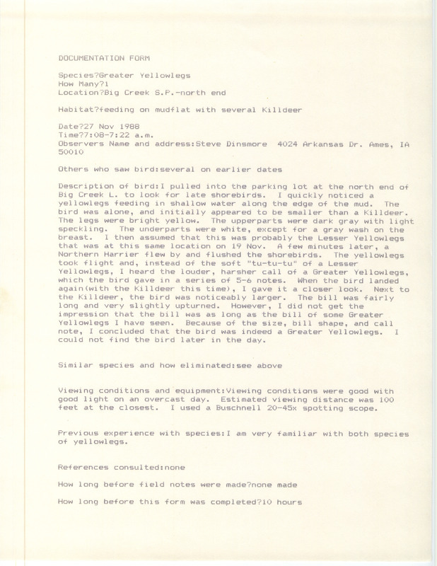 Rare bird documentation form for a Greater Yellowlegs at Big Creek State Park in Polk County, IA on November 27, 1988.