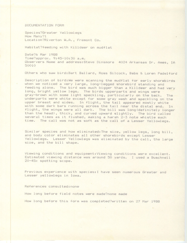 Rare bird documentation form for a Greater Yellowlegs at Riverton Wildlife Area in Fremont County, IA on March 6, 1988.