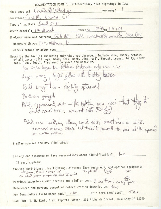 Rare bird documentation form for a Greater Yellowlegs at Cone March in Louisa County, IA on March 17 in an unknown year.