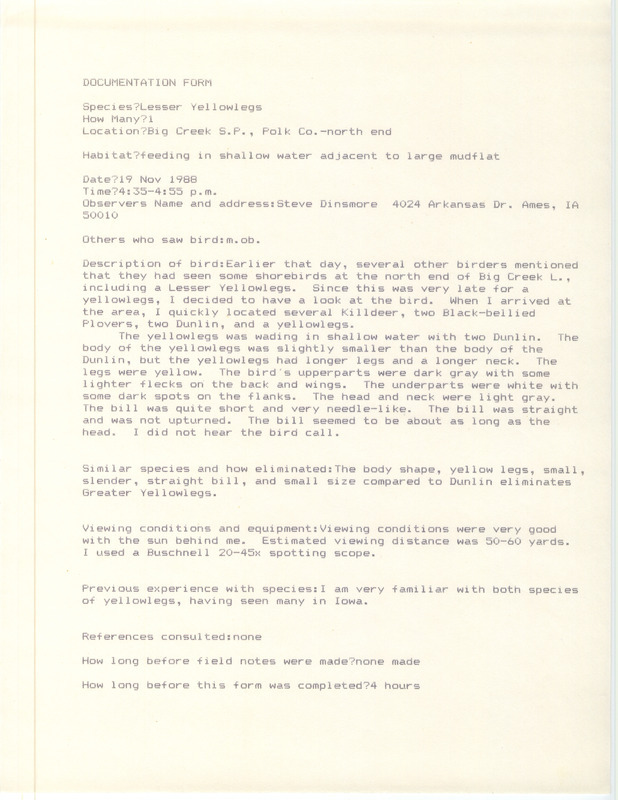 Rare bird documentation form for a Lesser Yellowlegs at Big Creek State Park in Polk County, IA on November 19, 1988.