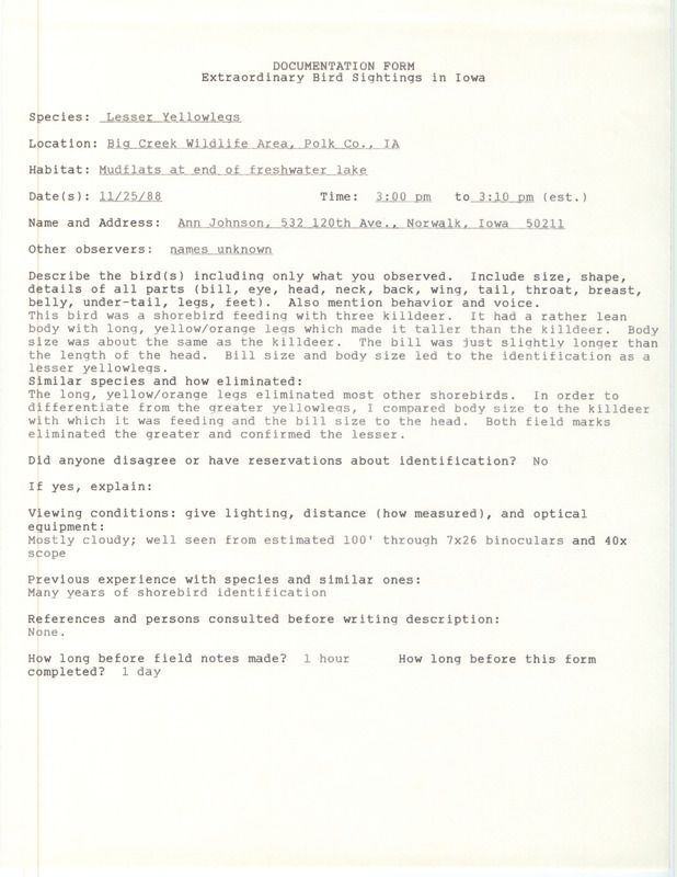 Rare bird documentation form for a Lesser Yellowlegs at Big Creek Wildlife Area in Polk County, IA on November 25, 1988.