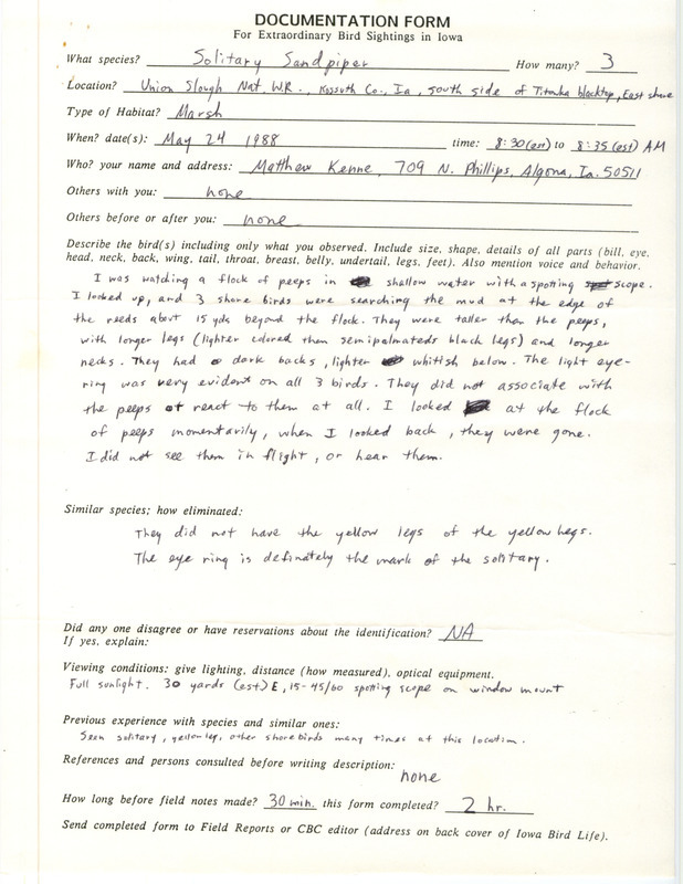 Rare bird documentation form for three Solitary Sandpipers at Union Slough National Wildlife Refuge in Kossuth County, IA on May 24, 1988.