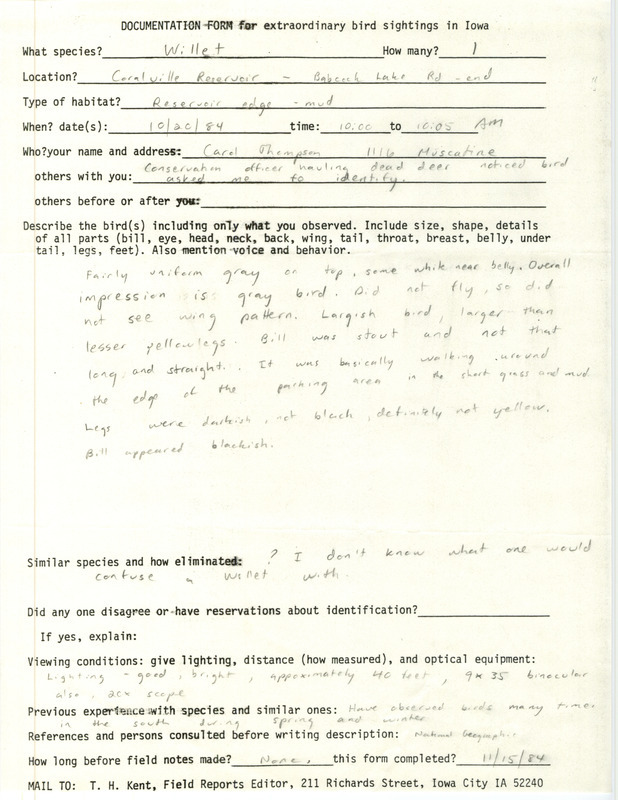 Rare bird documentation form for a Willet at Coralville Reservoir in Babcock Lake Access in Johnson County, IA on October 20, 1984.