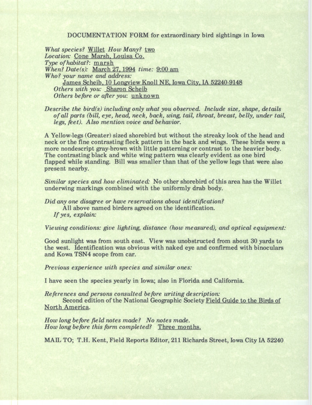 Rare bird documentation form for two Willets at Cone March in Louisa County, IA on March 27, 1994.