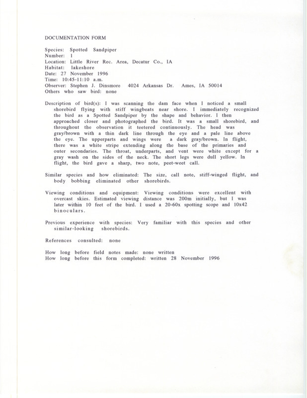 Rare bird documentation form for a Spotted Sandpiper at Little River Recreation Area in Decatur County, IA on November 27, 1996.