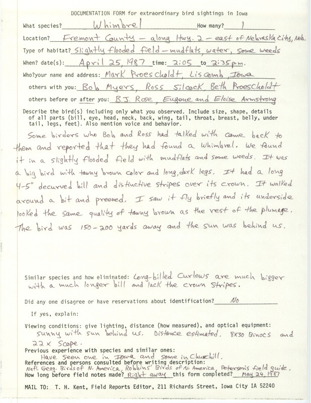 Rare bird documentation form for a Whimbrel east of Nebraska City, NE in Fremont County, IA on April 25, 1987.