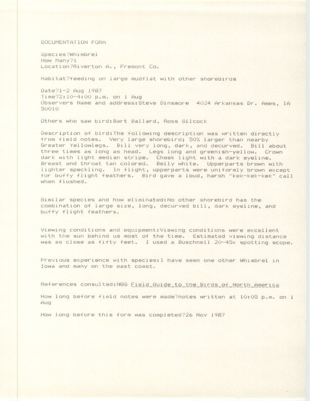 Rare bird documentation form for a Whimbrel at Riverton Area in Fremont County, IA on August 1--2, 1987.