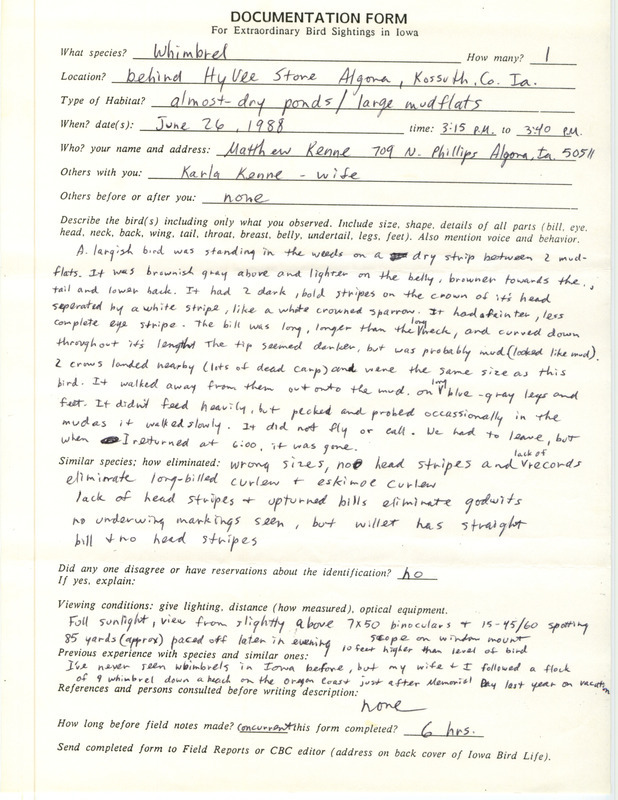 Rare bird documentation form for a Whimbrel at Algona in Kossuth County, IA on June 26, 1988.